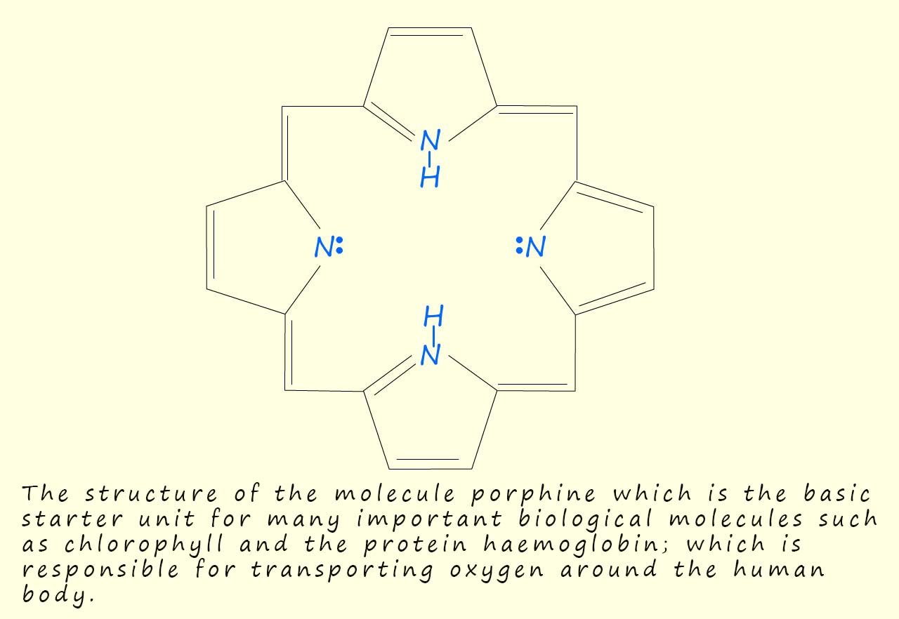 Image shows the structure of porphine, the basic unit found in many porphyrins.